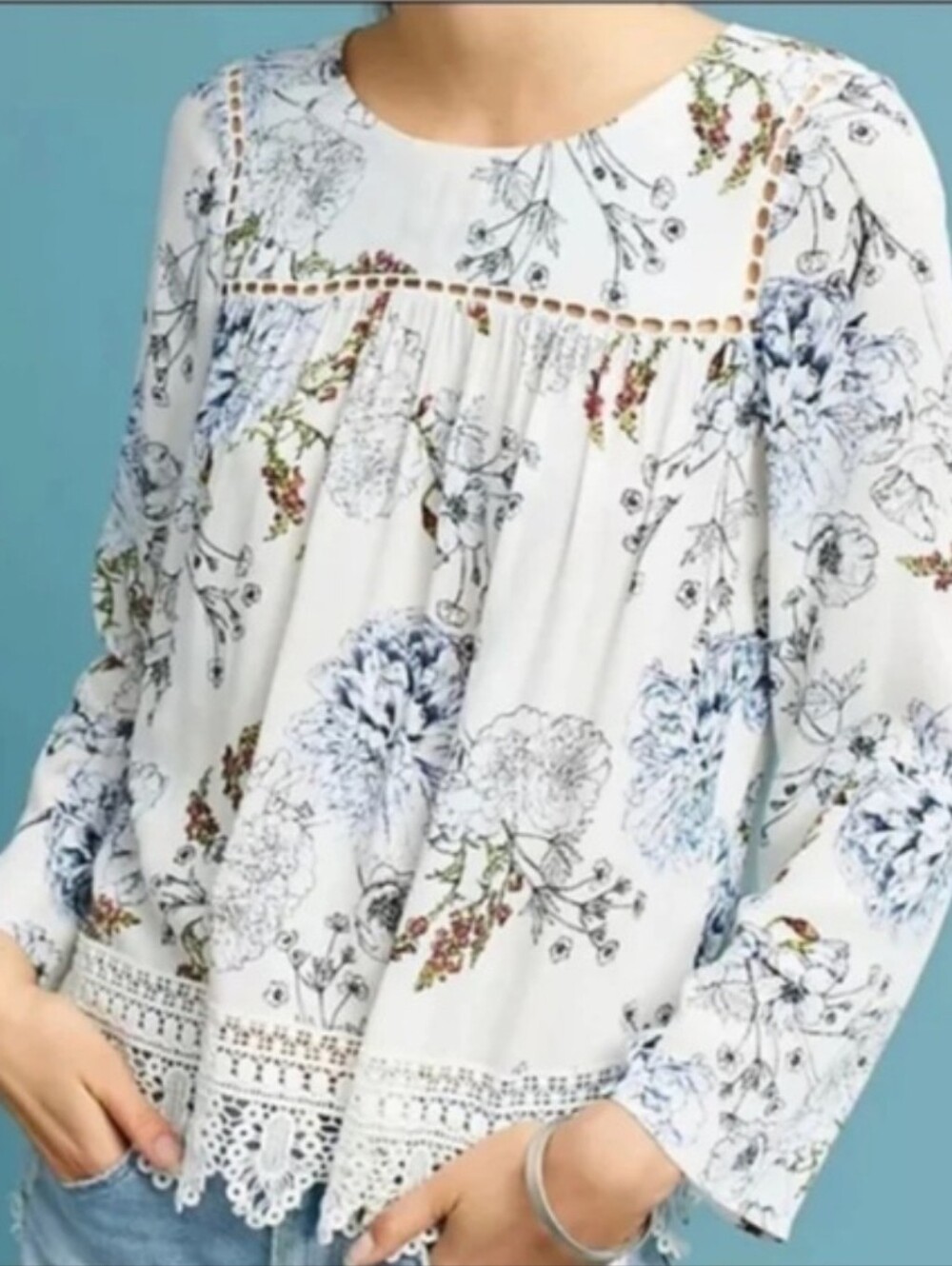 Maeve White Floral Crochet-Trim Peasant Top